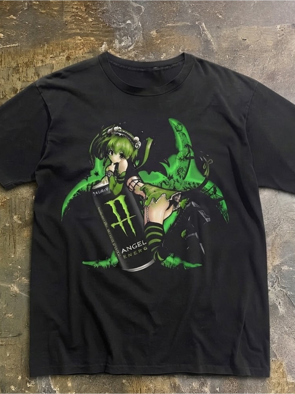 Gildan Black Tee with Neon Green Anime Monster Energy Graphic